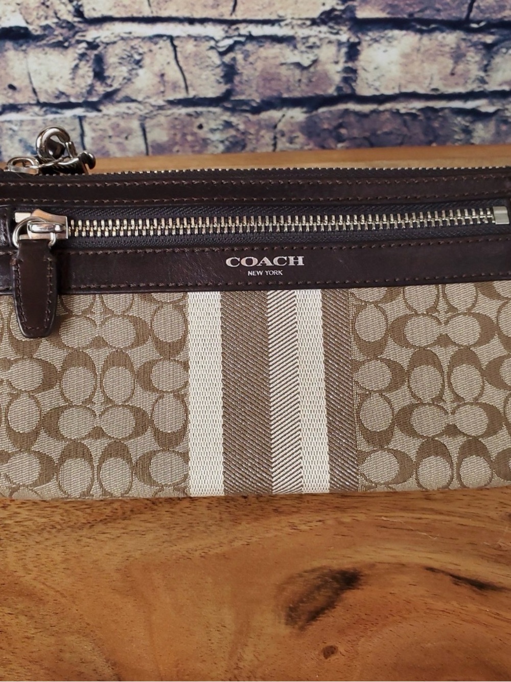 Coach Brown and Cream Stripe Signature Wristlet